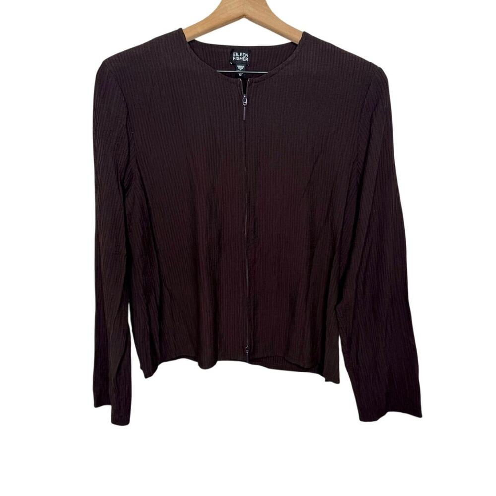 EILEEN FISHER Womens M Textured Crinkle Double Zip Top Dark Chocolate Brown Luxe